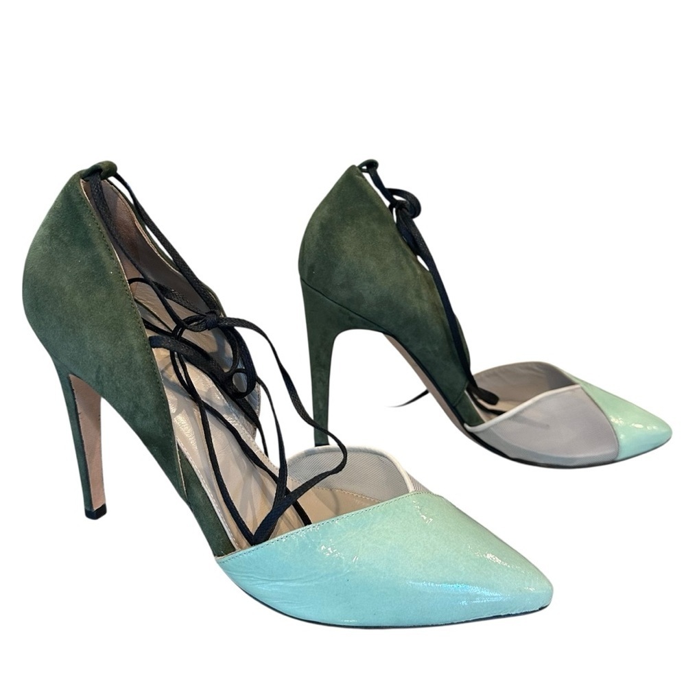 Dear Frances Pointed Toe Suede Patent Leather Ankle Ribbon Tie Green Heels 38